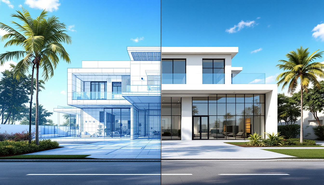 A modern Florida home shown as a blueprint on one side and fully built on the other