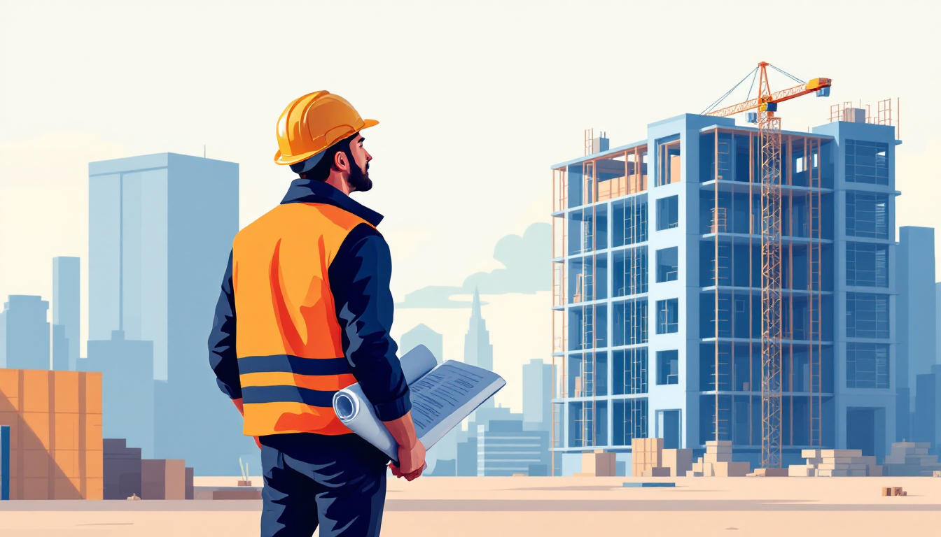 Experienced builder in hard hat and safety vest reviewing plans on an active construction site